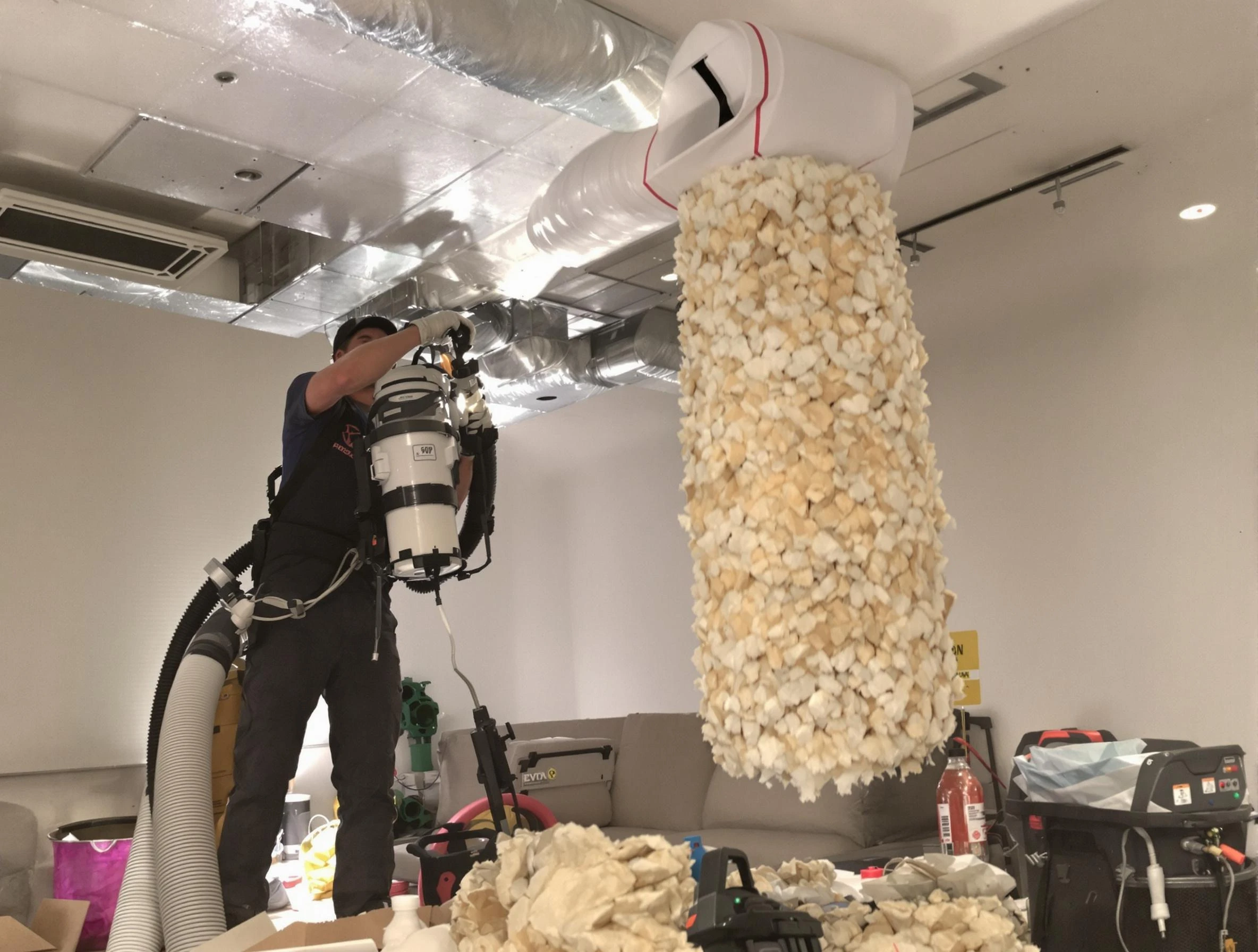 Pell City Air Duct Cleaning technician performing precision vacuum insulation removal in a residential property in Pell City